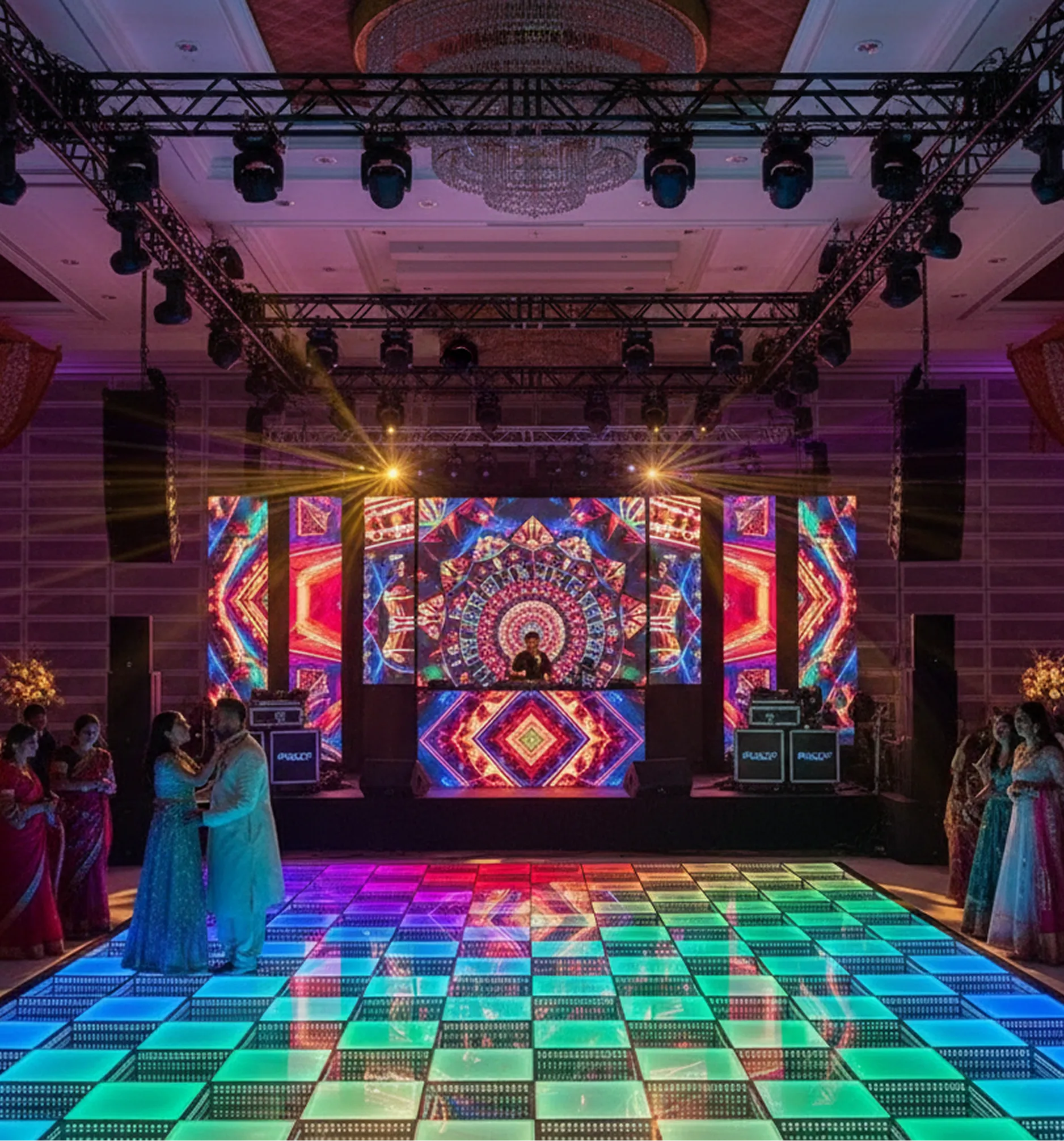 Front Row FX event production Minneapolis with LED dance floor, LED screens, lighting, sound, DJ and LED robot shows for weddings, quinceaneras, corporate and cultural events in Minnesota. indian wedding in minnesota and wisconsin desi wedding