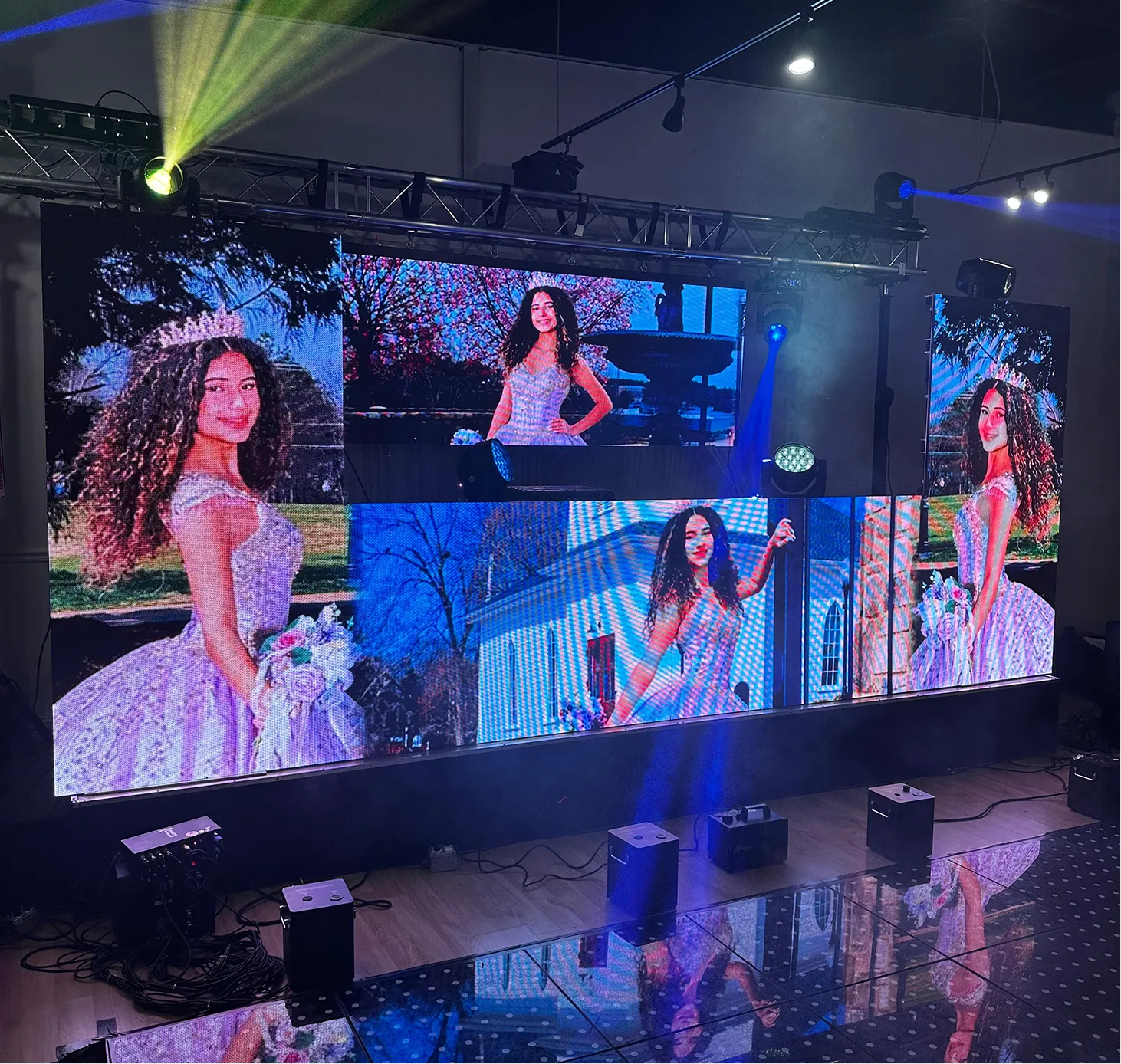 Front Row FX event production Minneapolis with LED dance floor, LED screens, lighting, sound, DJ and LED robot shows for weddings, quinceaneras, corporate and cultural events in Minnesota.