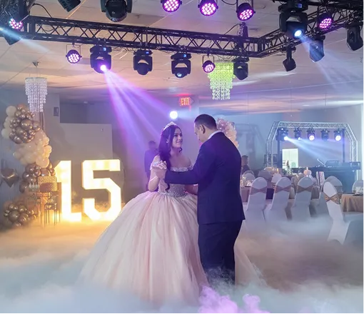 Front Row FX event production Minneapolis with LED dance floor, LED screens, lighting, sound, DJ and LED robot shows for weddings, quinceaneras, corporate and cultural events in Minnesota.