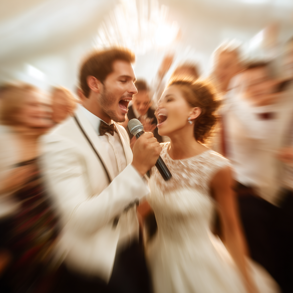 Wedding reception moment with couple singing and high-energy celebration experience by Front Row FX