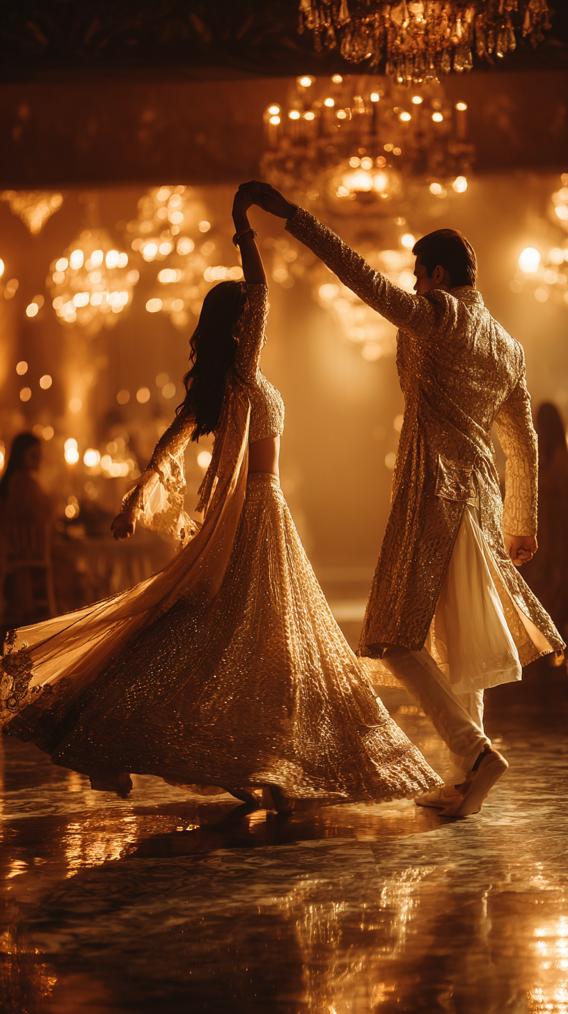 Luxury wedding first dance with warm lighting cinematic atmosphere